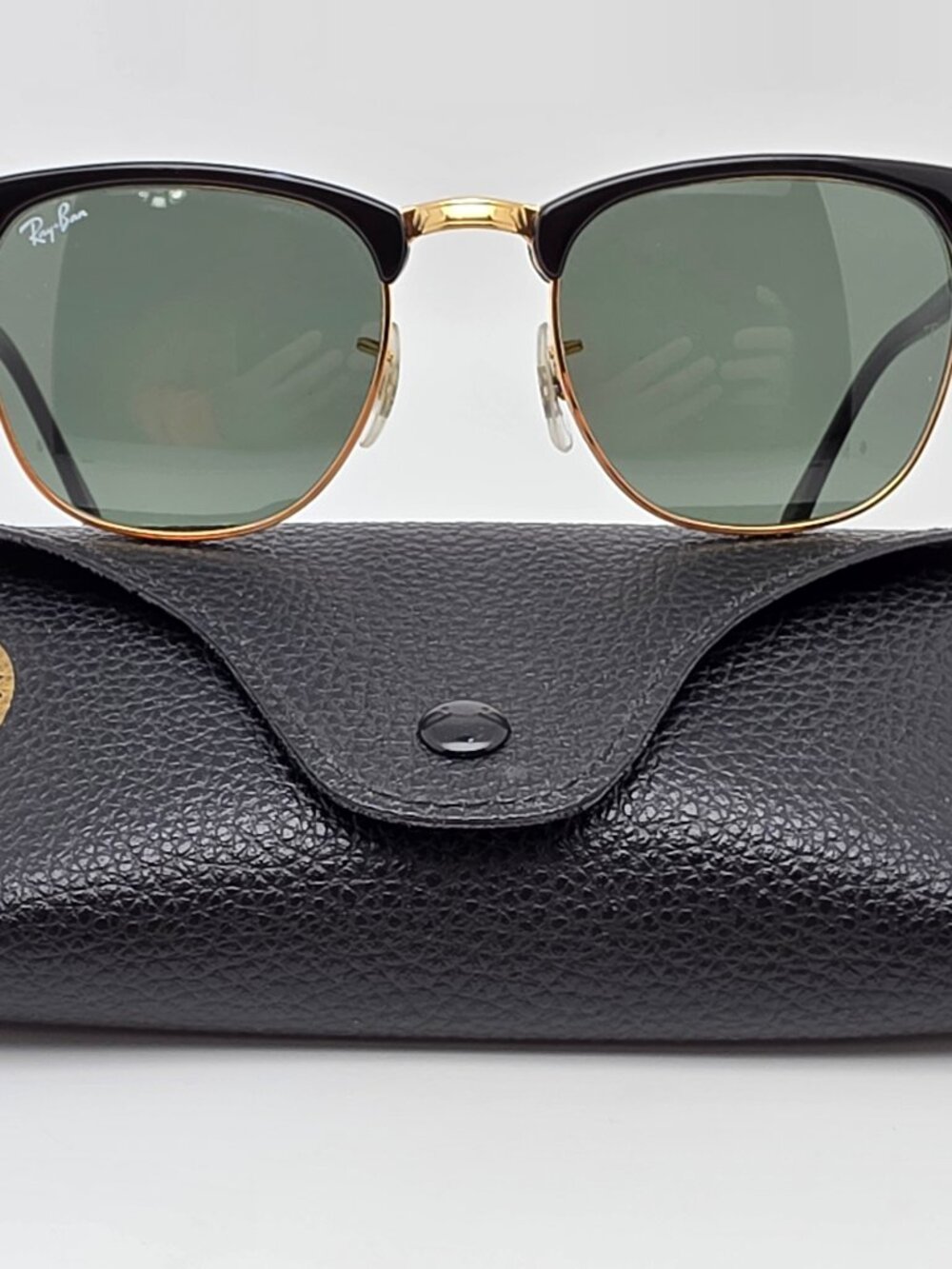 Ray-Ban RB3016 W0365 Clubmaster Black on Gold Frame G-15 Glass Lens Sunglasses